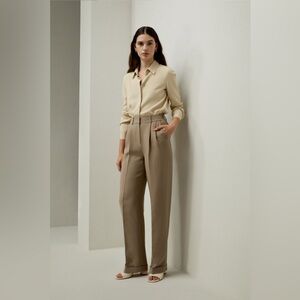 Silk Wool Blend Minimalist Khaki Trousers Lilysilk